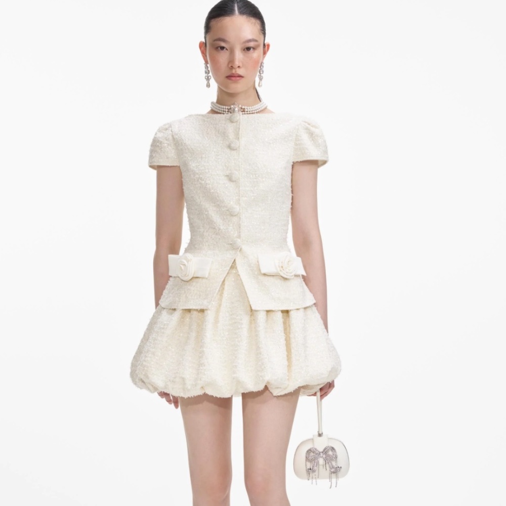 self-portrait Cream Boucle Bow Detail Mini Dress - US8 - MSRP $585 NWT